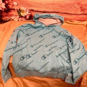 Champion Logo Hoodie Pullover Sweatshirt Blue Size L Athletic Streetwear